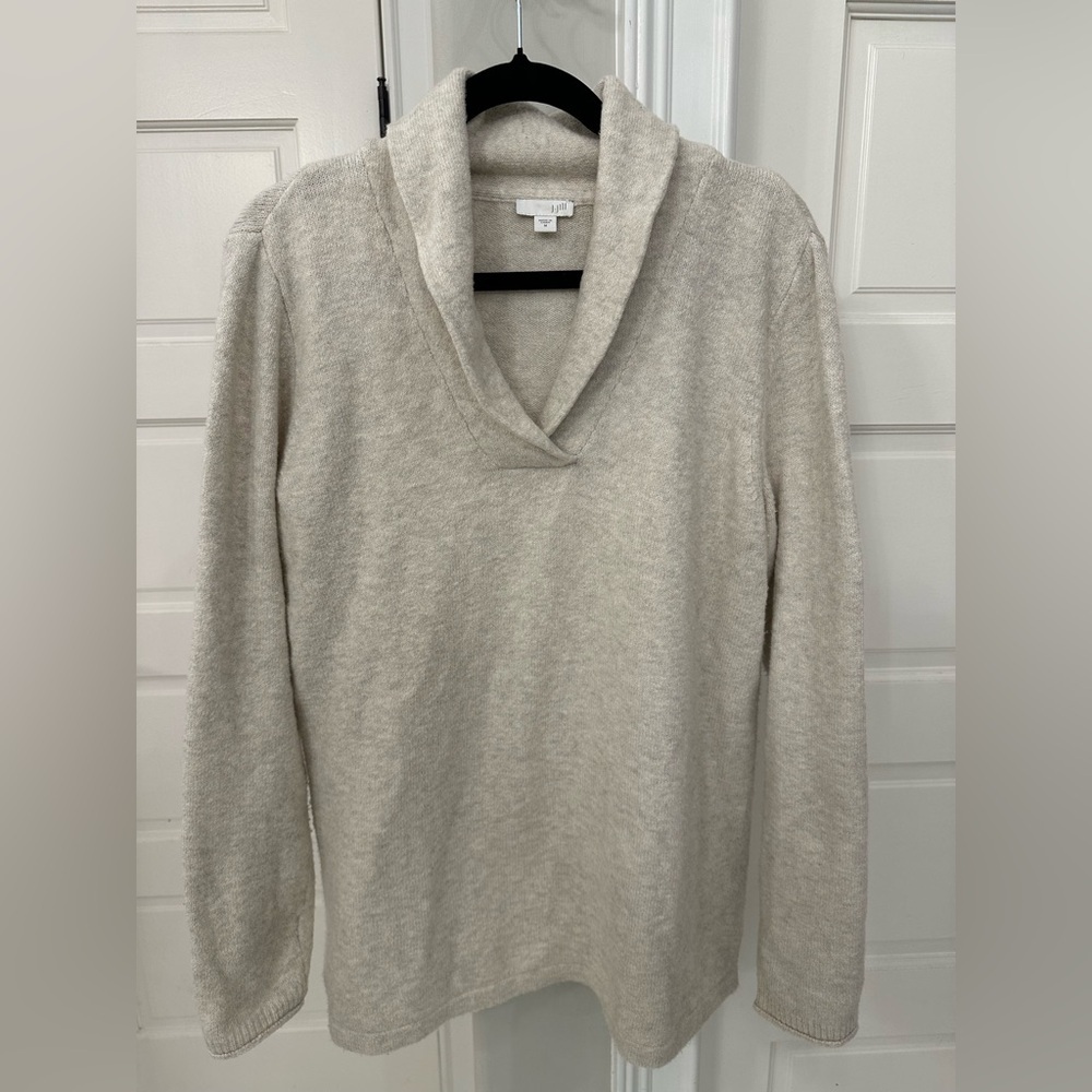 J Jill Cotton Blend Shawl Collar Sweater Cream Heathered Size L Cozy Loungewear